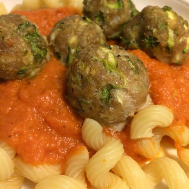 cellentani with marinara and turkey meatballs