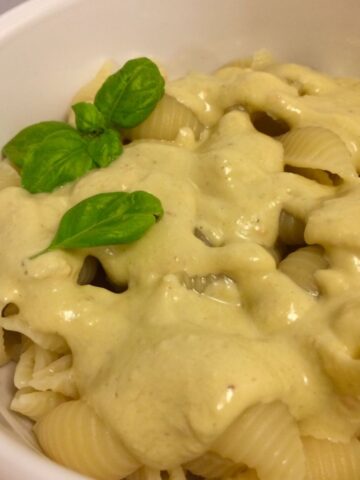 cheese on shell noodles with fresh basil leaves