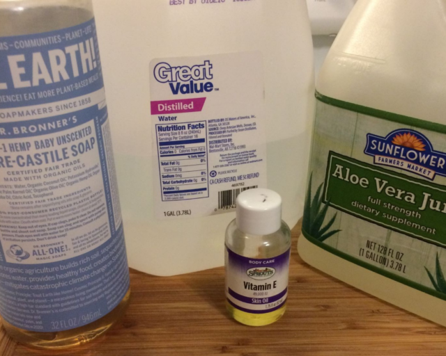 bottles of ingredients for this homemade shampoo