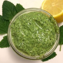 lemon balm pesto in mason jar with lemon and lemon balm leaf