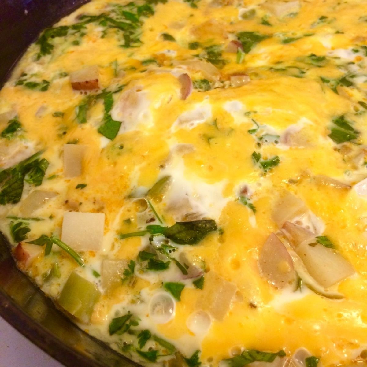 mexican frittata in cast iron pan close up