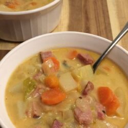 creamy ham and potato in corningware bowl