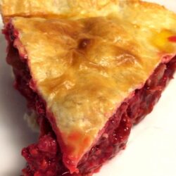 raspberry rhubarb pie piece close up on white plate