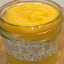 tropical chia seed pudding layered in mason jar