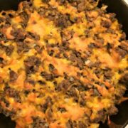 cheeseburger skillet pizza baked and complete in cast iron skillet
