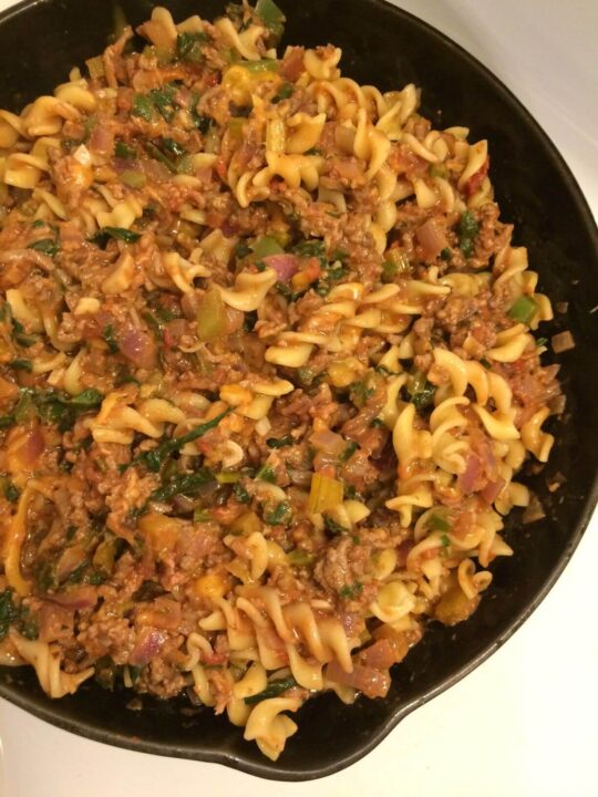 hamburger helper in cast iron pan view from above