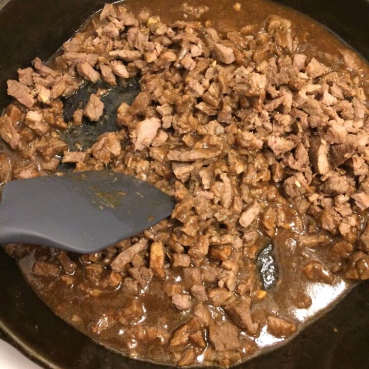 diced mongolian beef returned to skillet in thickened sauce