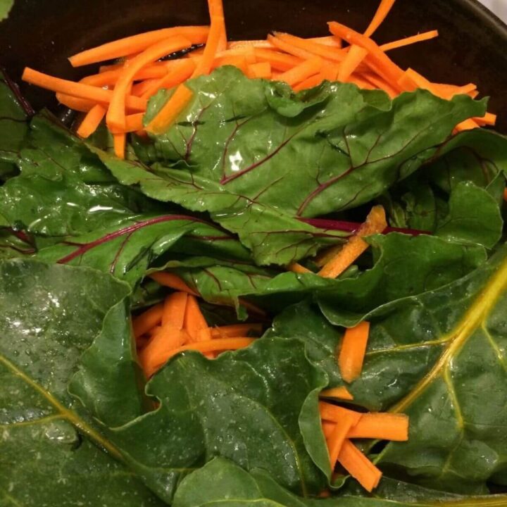 beet green and julienned carrots for the beef bowl 