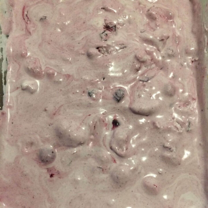 coconut milk mixed in with cooked blueberries.