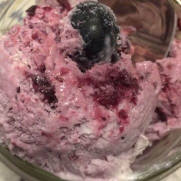 Up close view of frozen blueberry ice cream with large blueberry on top.