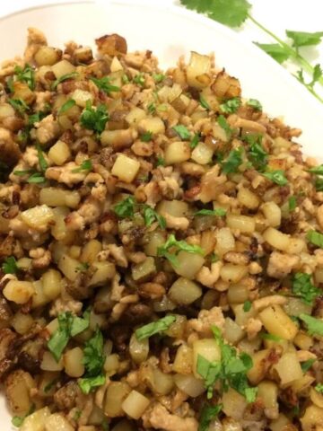completed ground pork hash plated on an oval plate with fresh cilantro garnish and a sprig of cilantro in the upper right corner