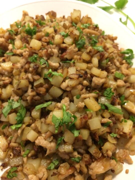 complete ground pork hash piled on an oval white plate garnished with chopped cilantro, close up view with a sprig of fresh cilantro in the upper right corner