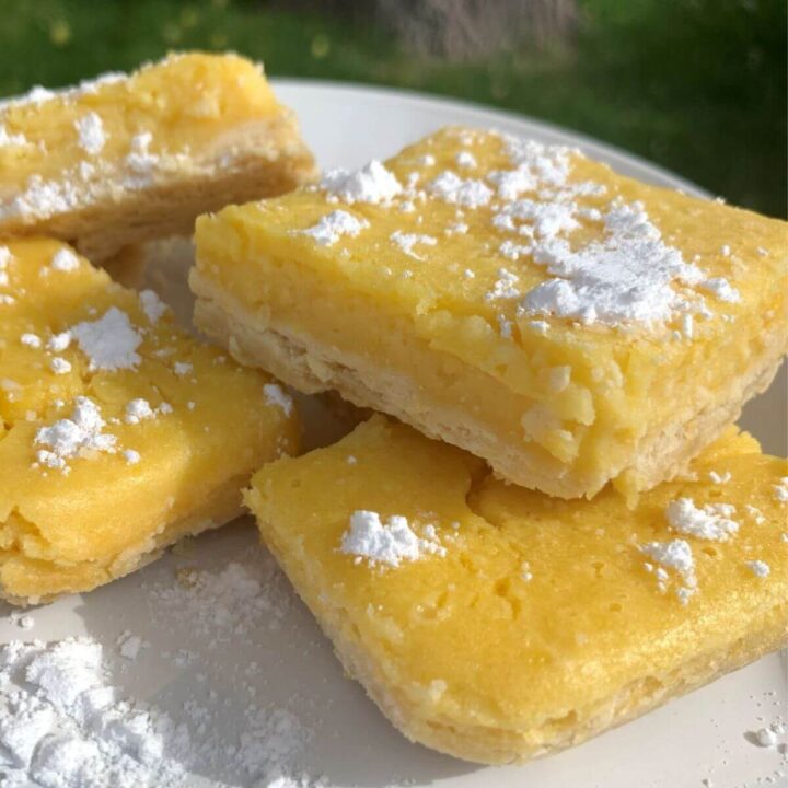 4 lemon bars cut into squares with powdered sugar dusted on top on a white plate outside with grass and tree blurred in the background