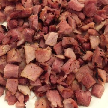 diced sautéed ham in pile.