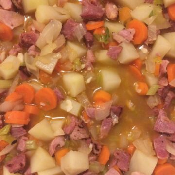 ham, potatoes, onion, celery, garlic, carrots in broth