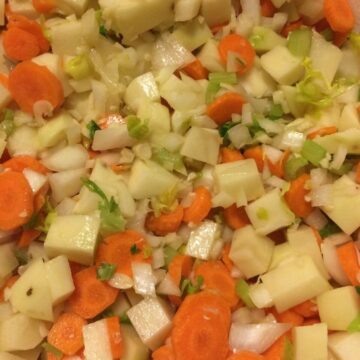 potatoes, carrots, celery, onion, garlic all diced