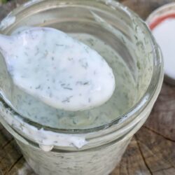 Greek yogurt ranch dressing in mason jar with spoon scooping some out, with jar lid and ring in the background, all on a tree stump. Image taken outside.